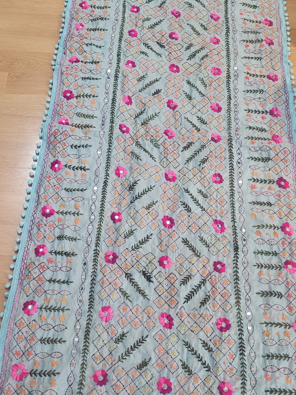 Phulkari Dupatta Embroidered Floral Scarf in Light Blue with Pink Accents